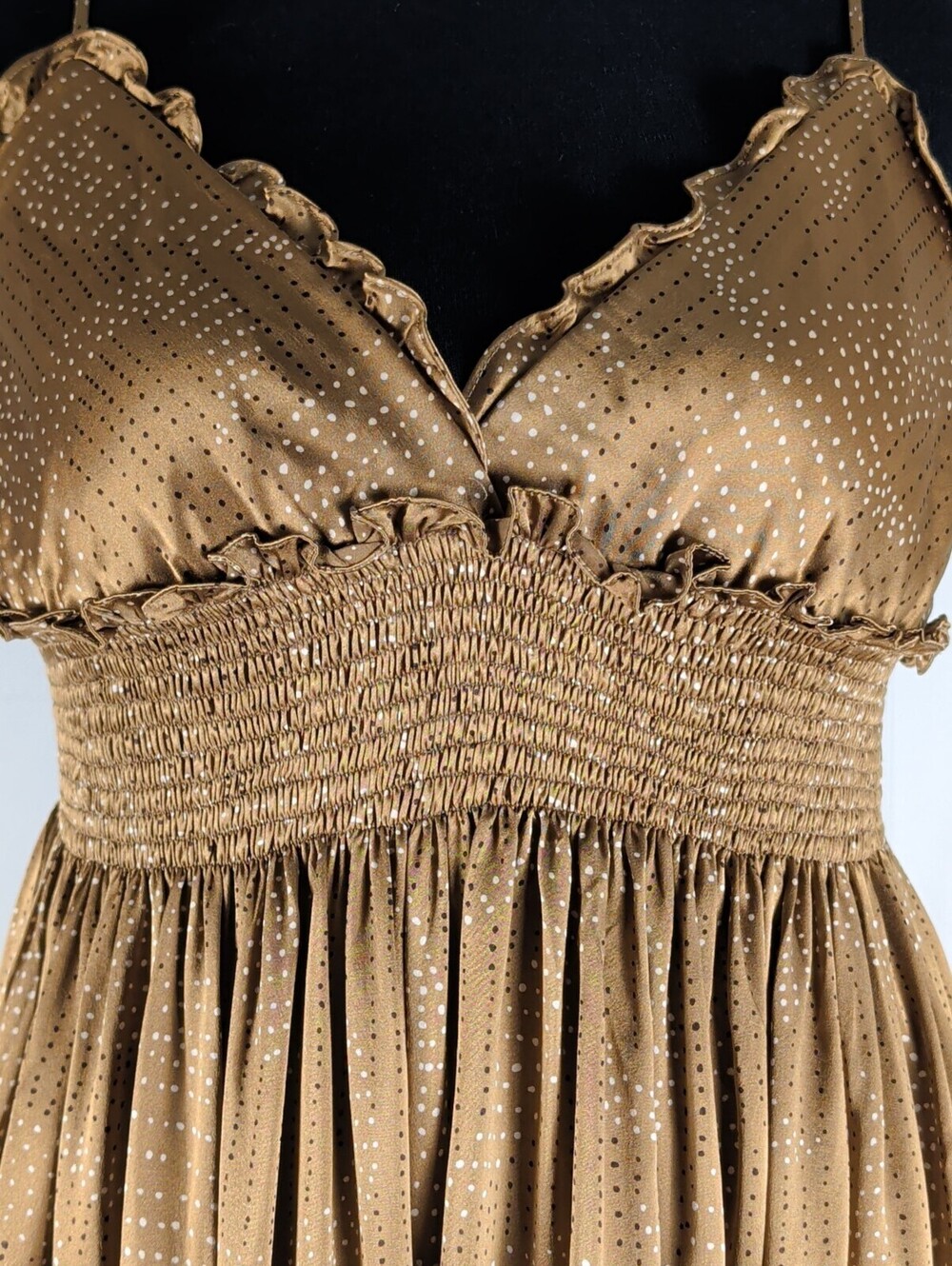 VTG BCBGMAXAZRIA 100% Silk Bronze Brown Polka Dot Smocked Babydoll Dress Large - Picture 2 of 10